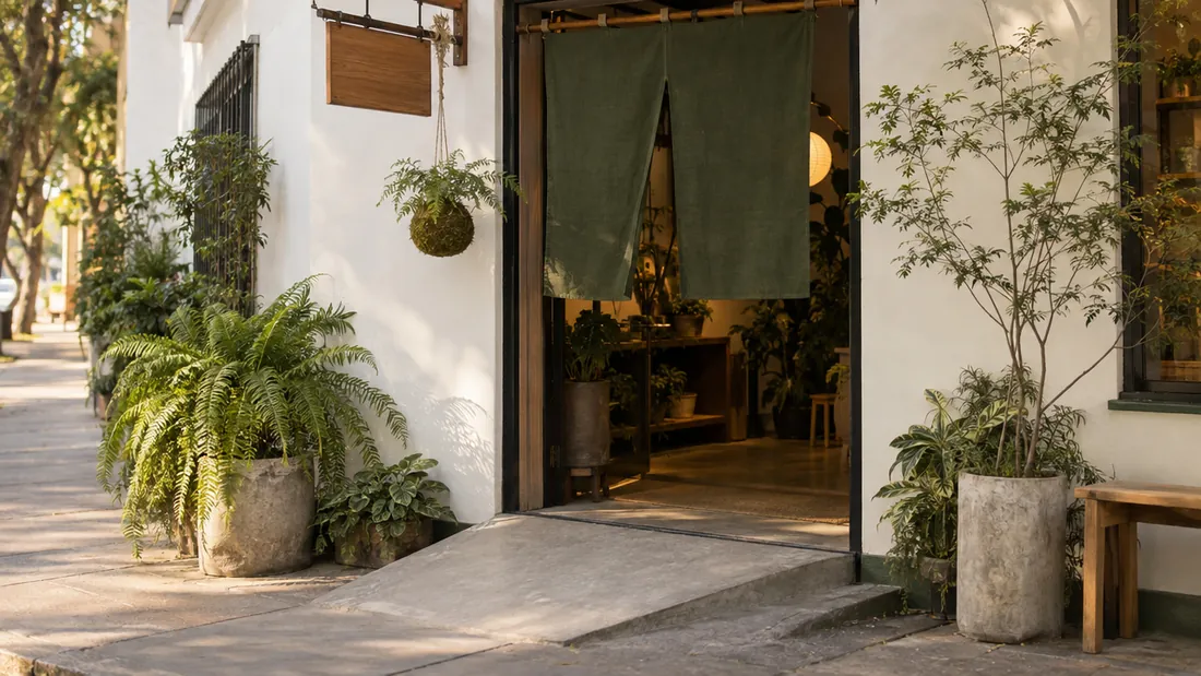 Entrada al taller con cortina japonesa noren verde
