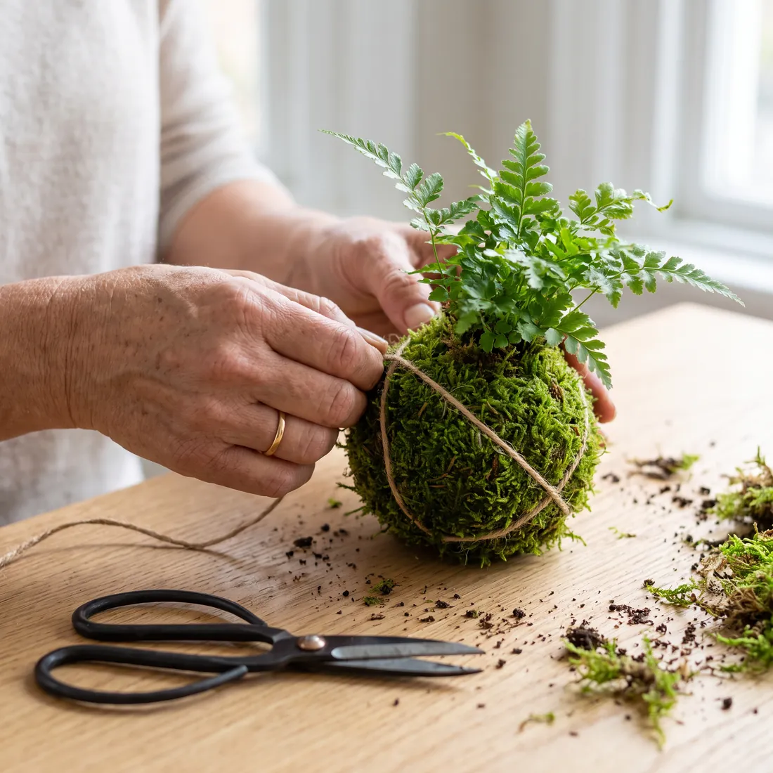 Manos atando hilo de yute alrededor de una kokedama con helecho