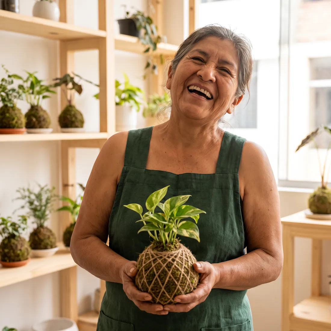 Señora sonriente con su kokedama terminada en las manos