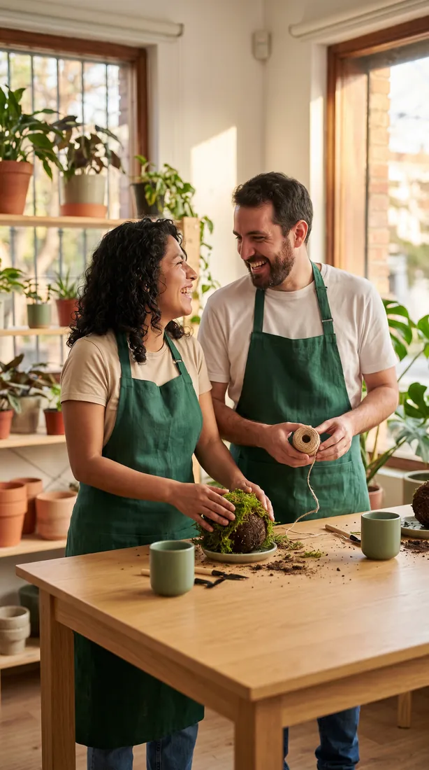 Pareja riendo mientras hace una kokedama juntos