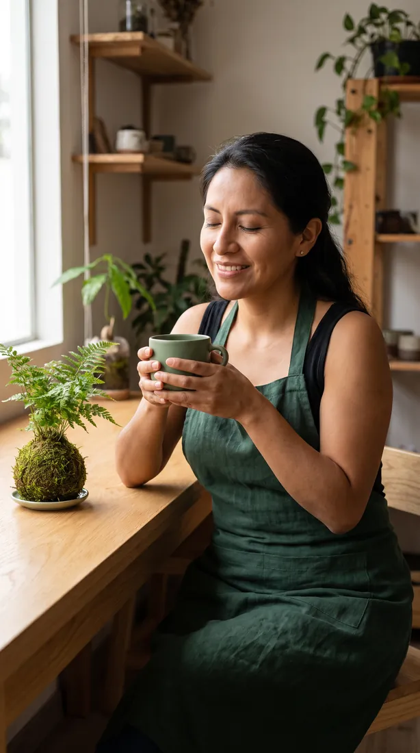 Mujer con los ojos cerrados disfrutando una taza de té junto a su kokedama