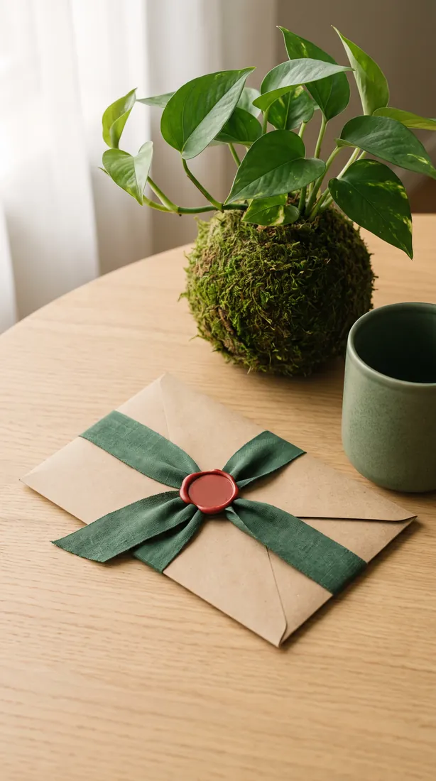 Sobre de regalo atado con cinta verde junto a una kokedama y una taza