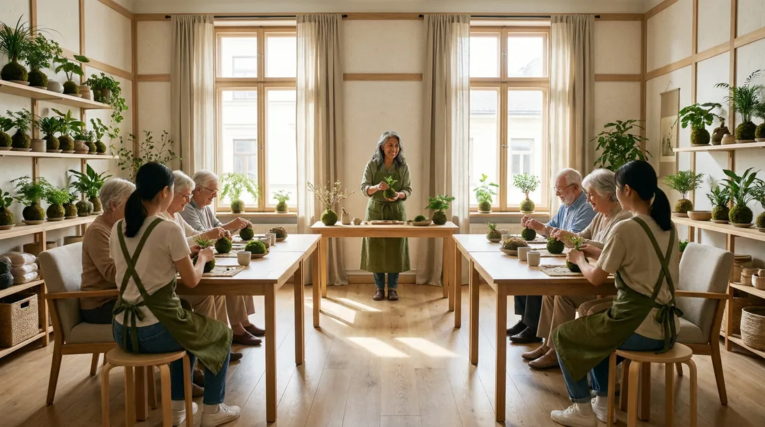 Salón del taller con mesas de madera clara, plantas y luz natural