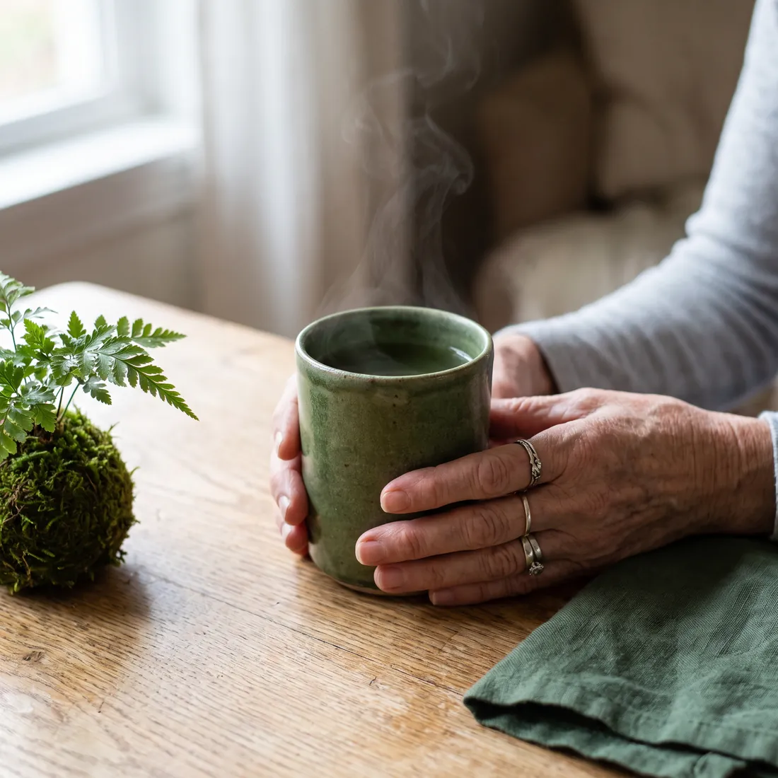 Manos sosteniendo una taza japonesa verde con té caliente