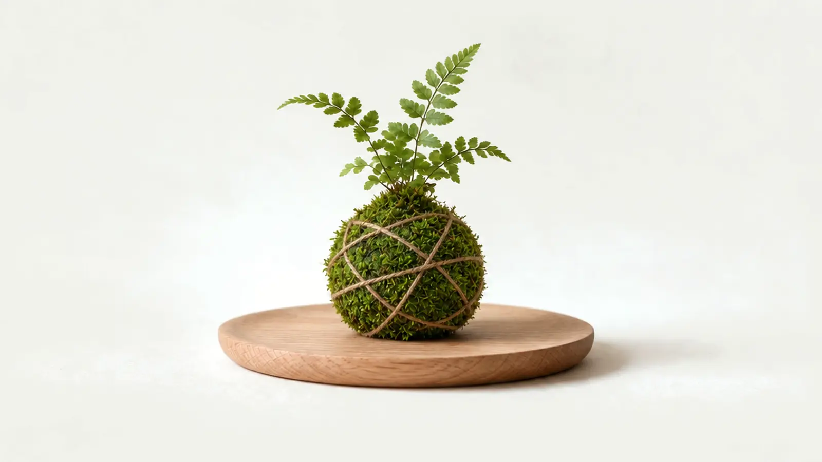 Una kokedama terminada: bola de musgo atada con hilo, con una planta viva encima
